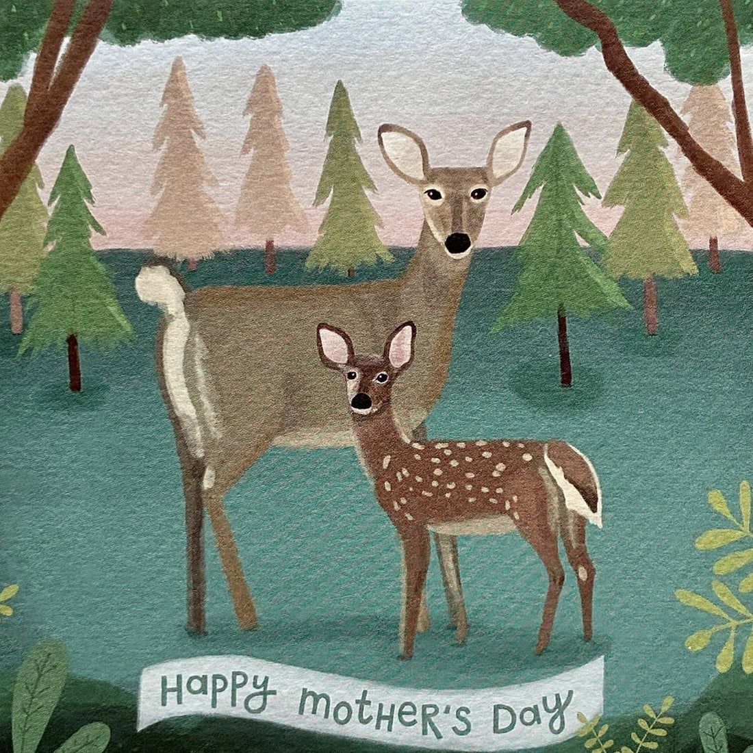 mother's day greeting card illustration of a mother deer and fawn standing in a forest