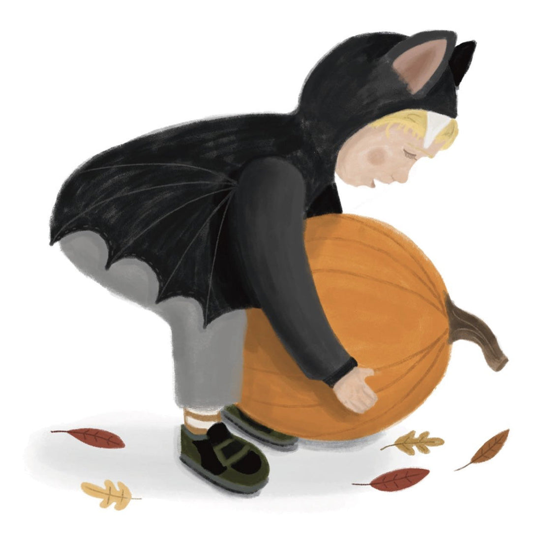 illustration of child in bat costume picking up a pumpkin with fall leaves around