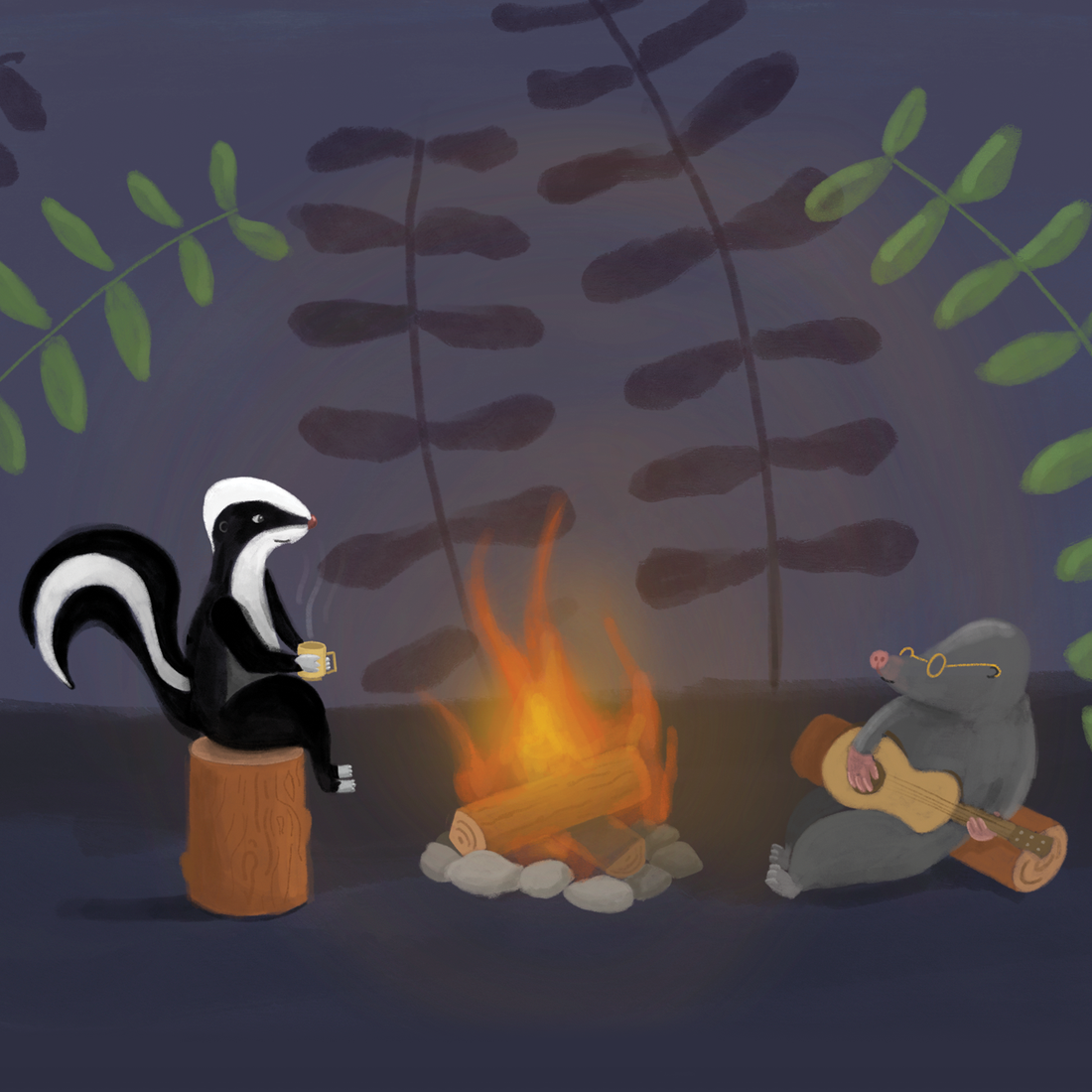 cottagecore illustration of a mole playing a guitar and skunk listening while sipping on a warm drink around a campfire