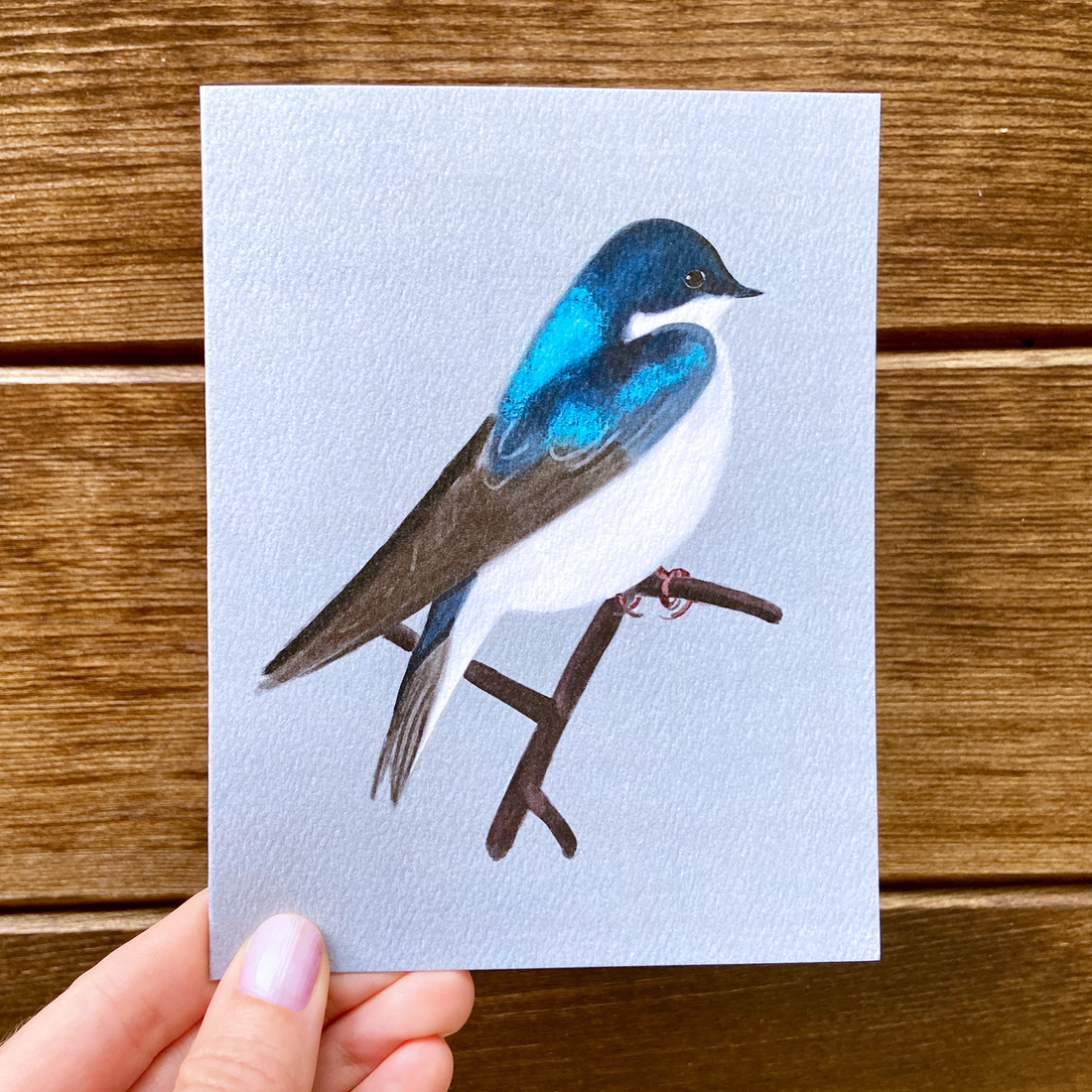 A hand holds a greeting card featuring a detailed illustration of a tree swallow perched on a branch, set against a light blue-gray background. The card is shown against a rustic wooden surface.