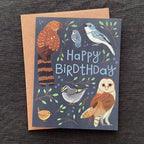 Bird birthday card with illustrations of birds on a dark textured background