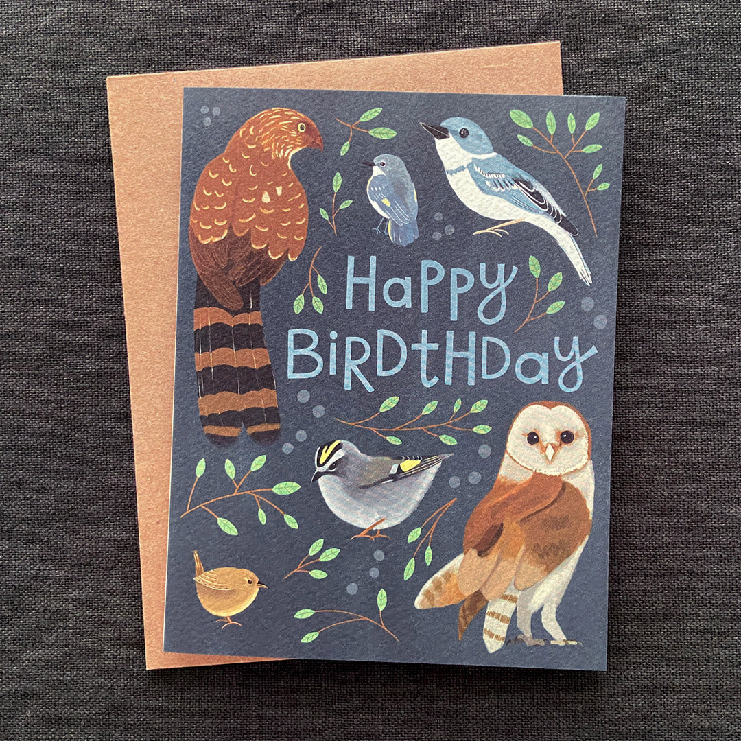 Bird birthday card with illustrations of birds on a dark textured background