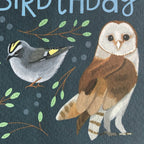Owl birthday card, detail of barn owl and kinglet