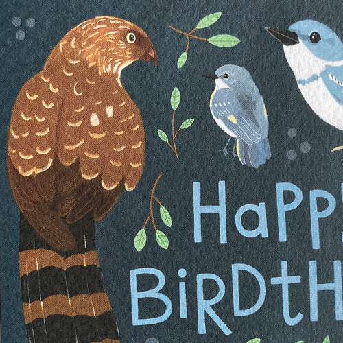 Bird birthday card, detail of cooper's hawk and redstart