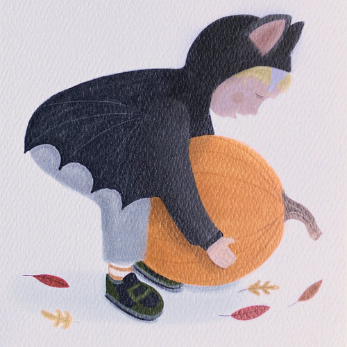 Close up illustration of a fall card featuring a child in a bat costume with a pumpkin on a white background