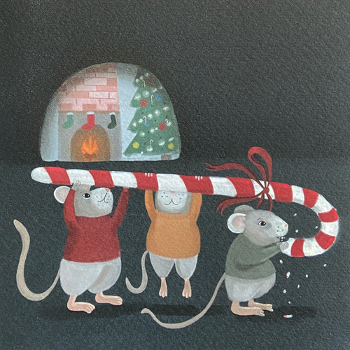 Close up illustration of a Christmas card featuring three mice holding a candy cane with a festive scene in the background.