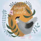 Happy Easter card with a chicken and floral elements on a light blue background