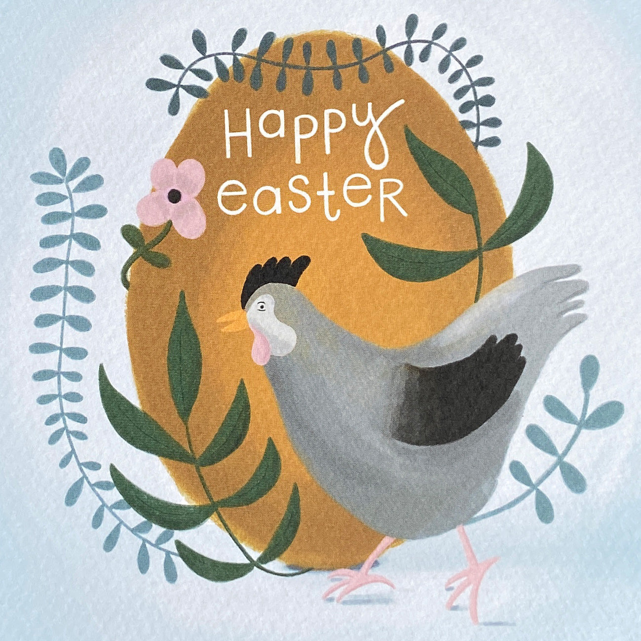 Happy Easter card with a chicken and floral elements on a light blue background
