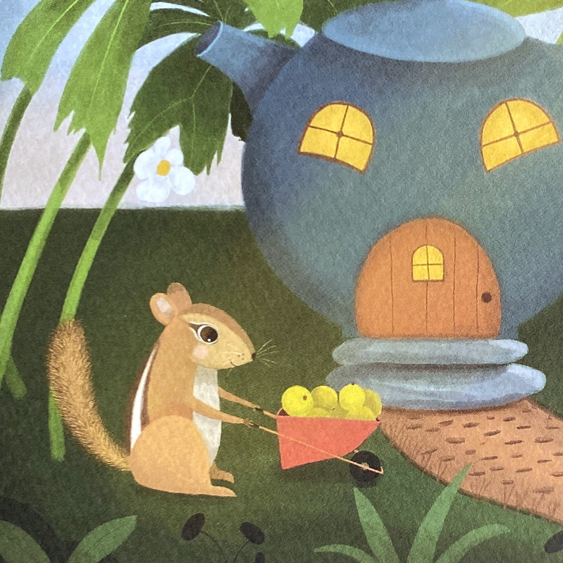 Illustration of a chipmunk with a wheelbarrow full of may apples near a teapot-shaped house.