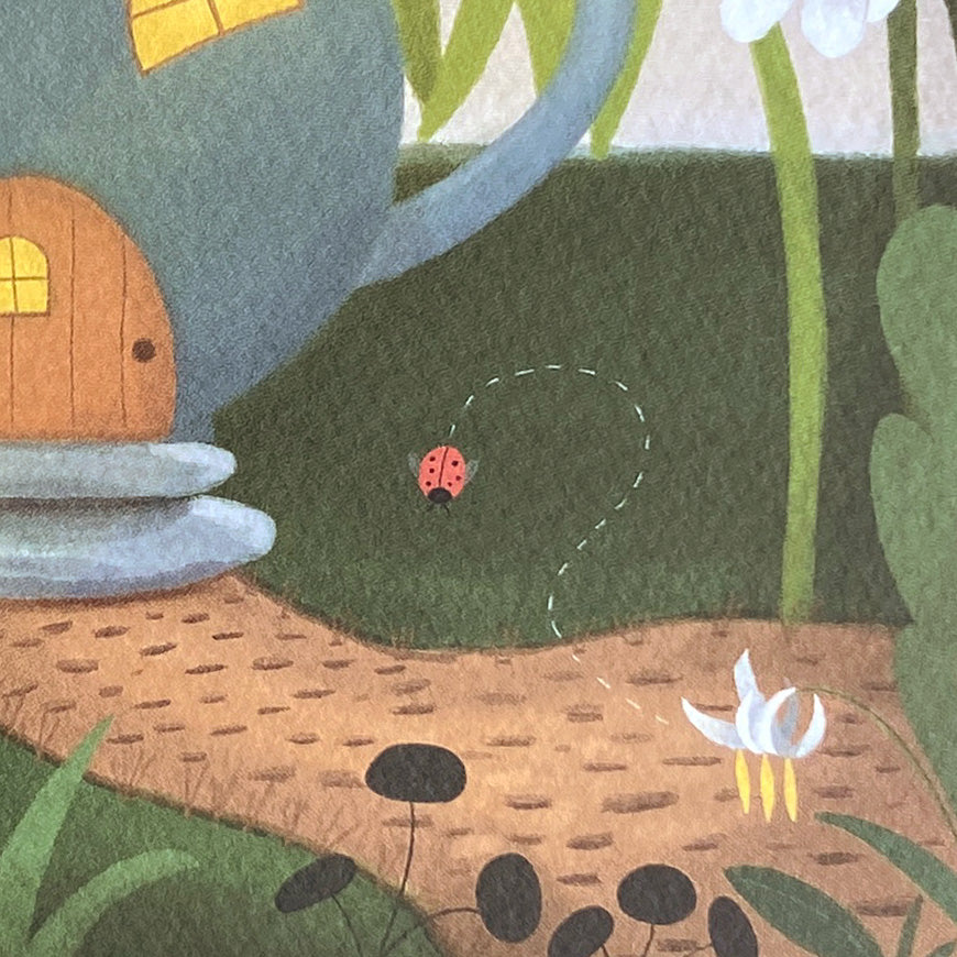 Illustration of a small house ladybug and flowers in a garden setting.