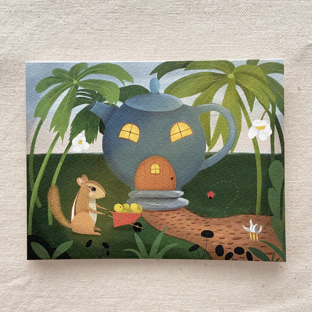 Greeting card illustration of a chipmunk collecting mayapples in the forest near her teapot house
