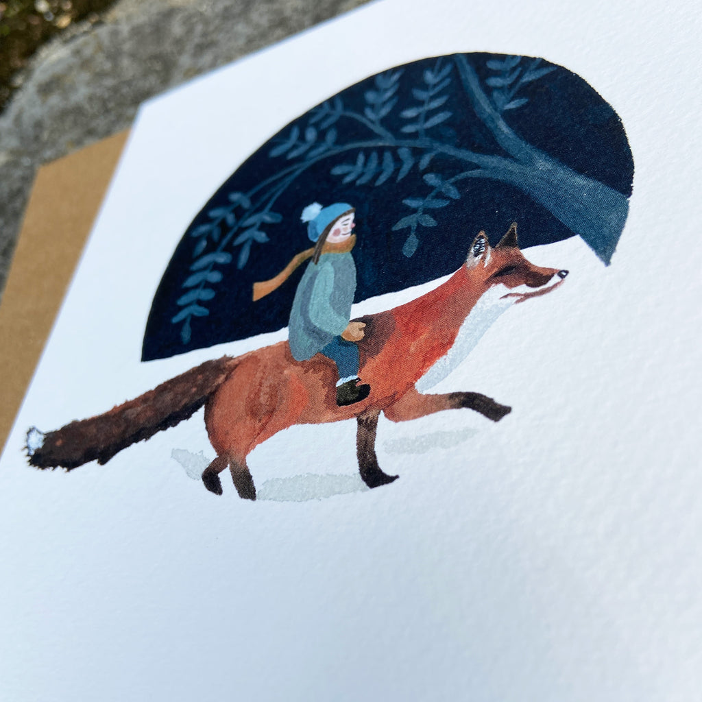 Greeting card illustration of a person riding a fox through a snowy landscape with a dark tree in the background.