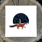 Illustration of a girl riding a red fox with a dark blue sky and green trees in the background.