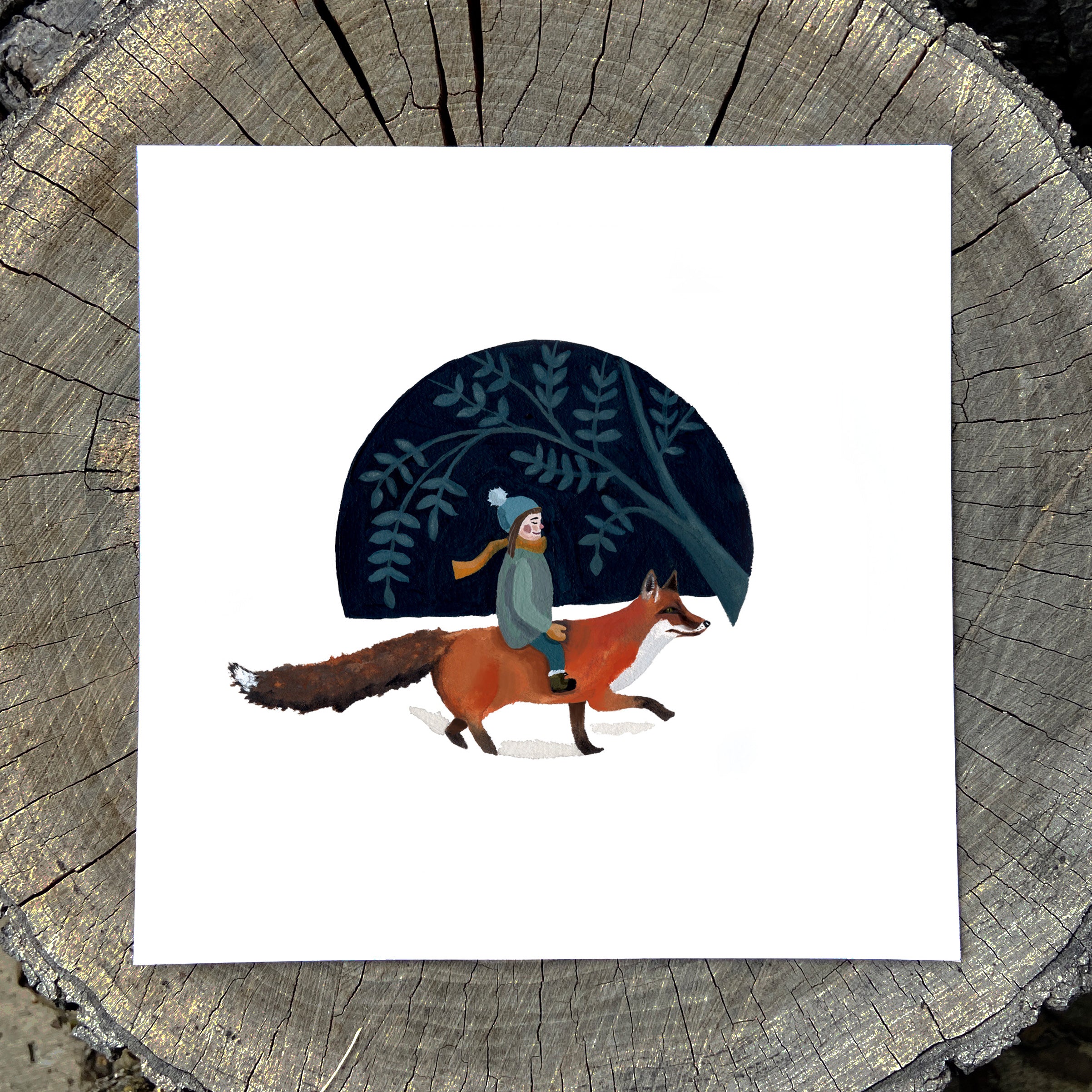 Illustration of a girl riding a red fox with a dark blue sky and green trees in the background.