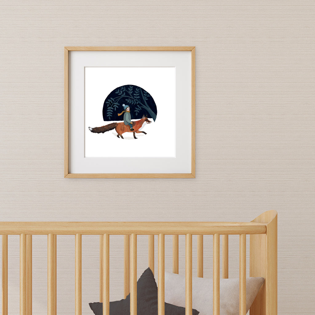 Framed magical artwork of a fox and a young girl in a nursery