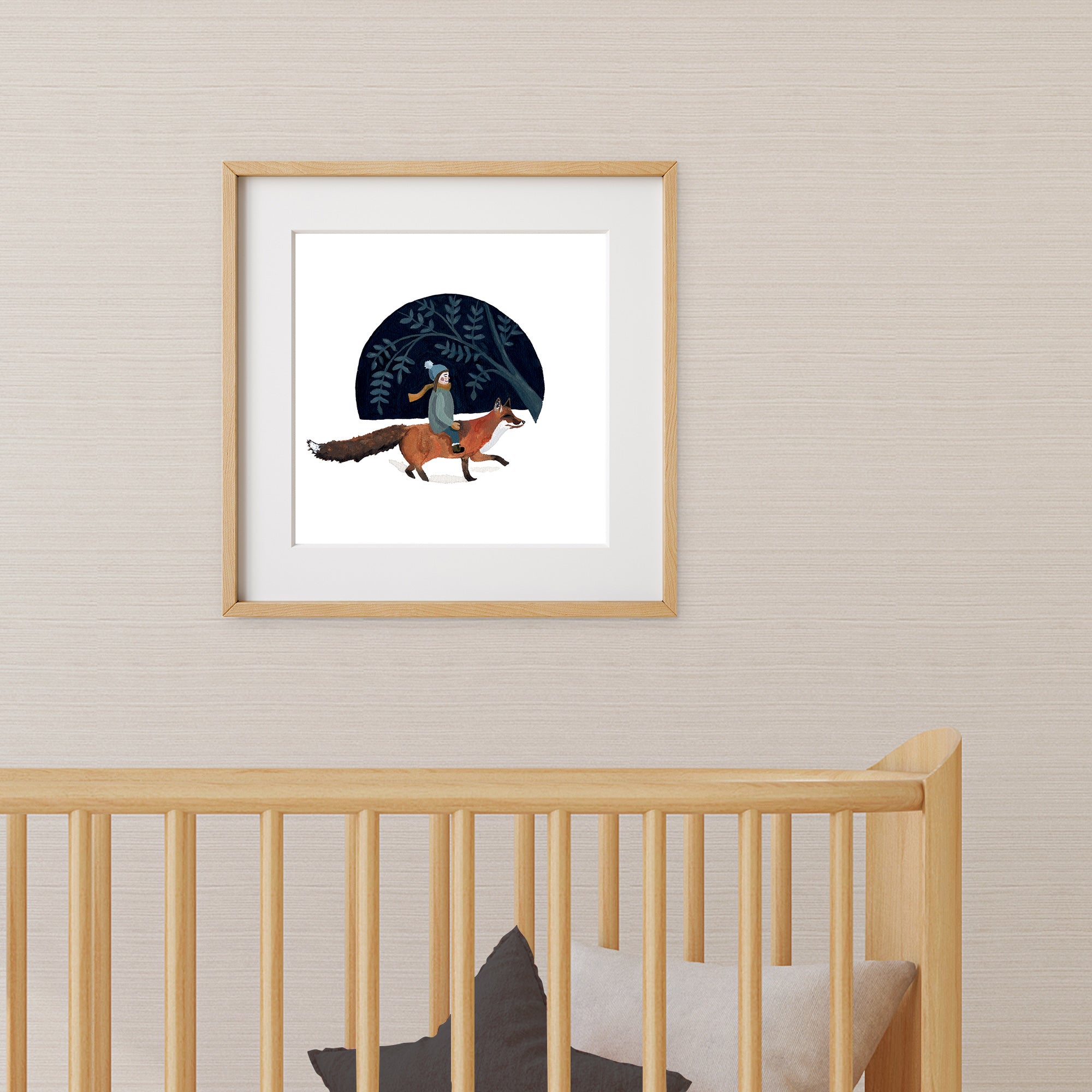 Framed magical artwork of a fox and a young girl in a nursery
