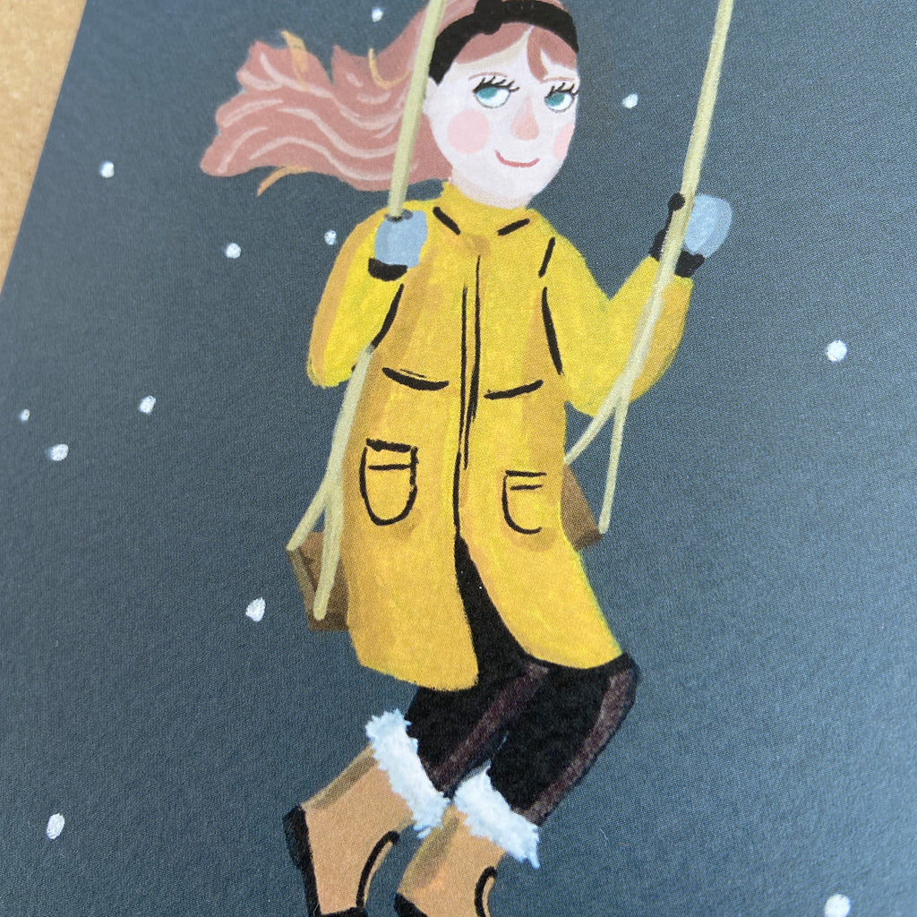 Illustration of a young girl in a yellow coat with boots, swinging on a snowy background.