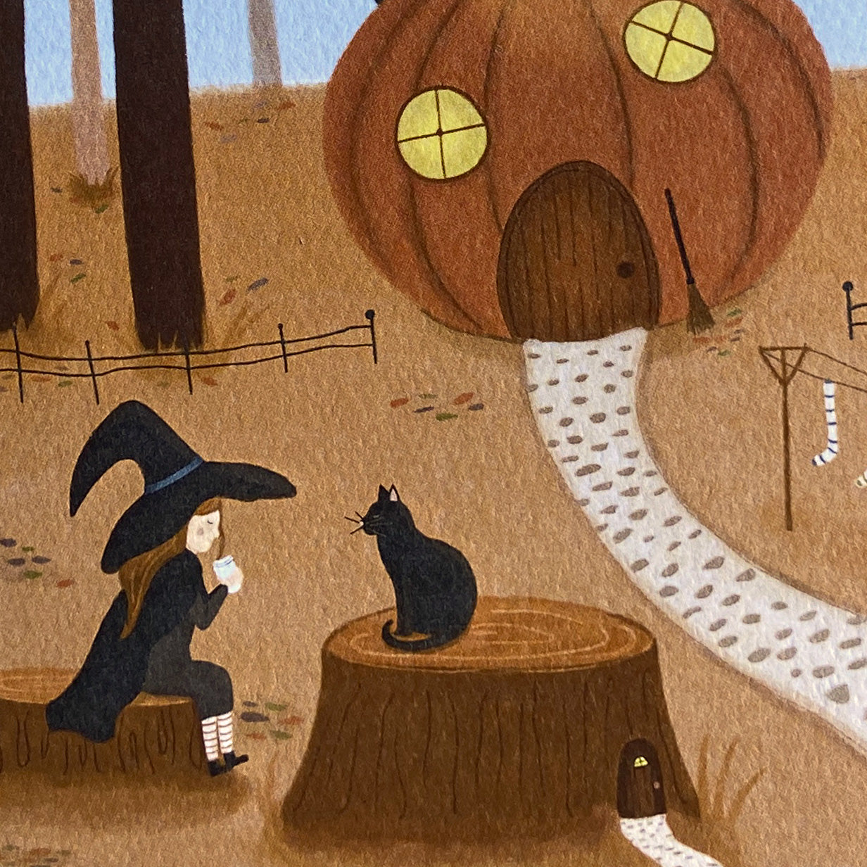 Illustration of a witch and black cat near a pumpkin house in a forest setting.