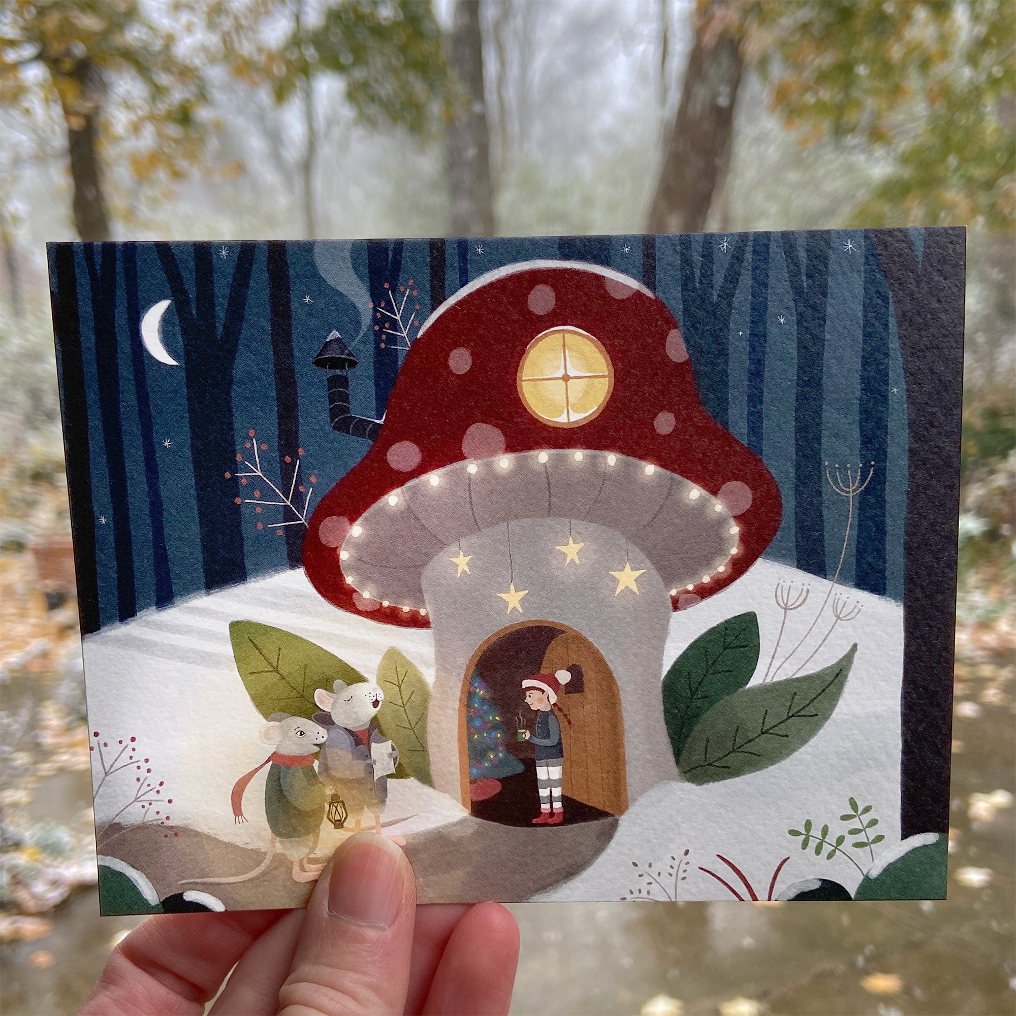 Illustrated mushroom house with mice and gnome in a forest setting
