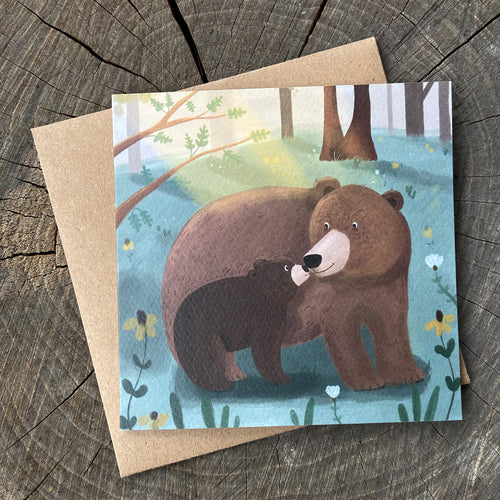 Greeting card with illustration of a bear and cub in a forest
