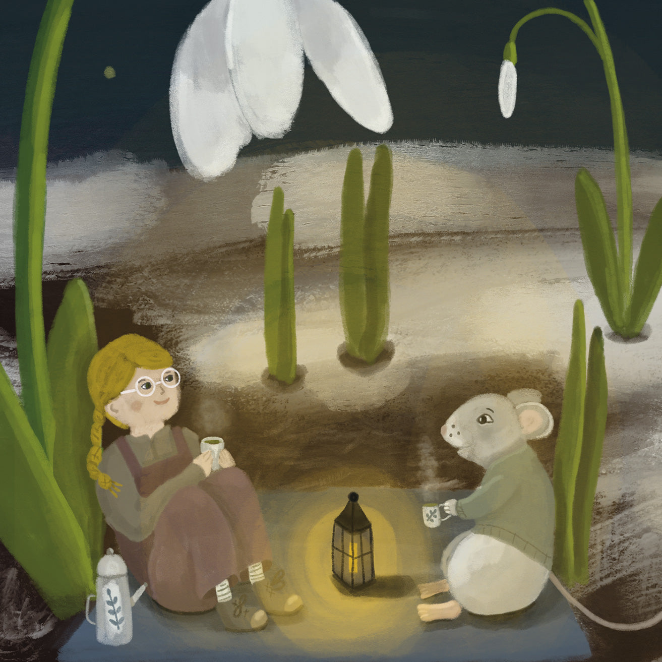 Illustration of a girl and a mouse by a lantern with flowers and plants around.