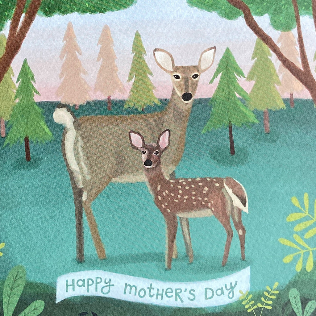 Up close Mother's Day card illustration of two deer in a forest with 'Happy Mother's Day' text.