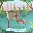 Up close Mother's Day card illustration of two deer in a forest with 'Happy Mother's Day' text.