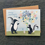 Greeting card with skunks holding flowers and a mouse, on a dark textured background