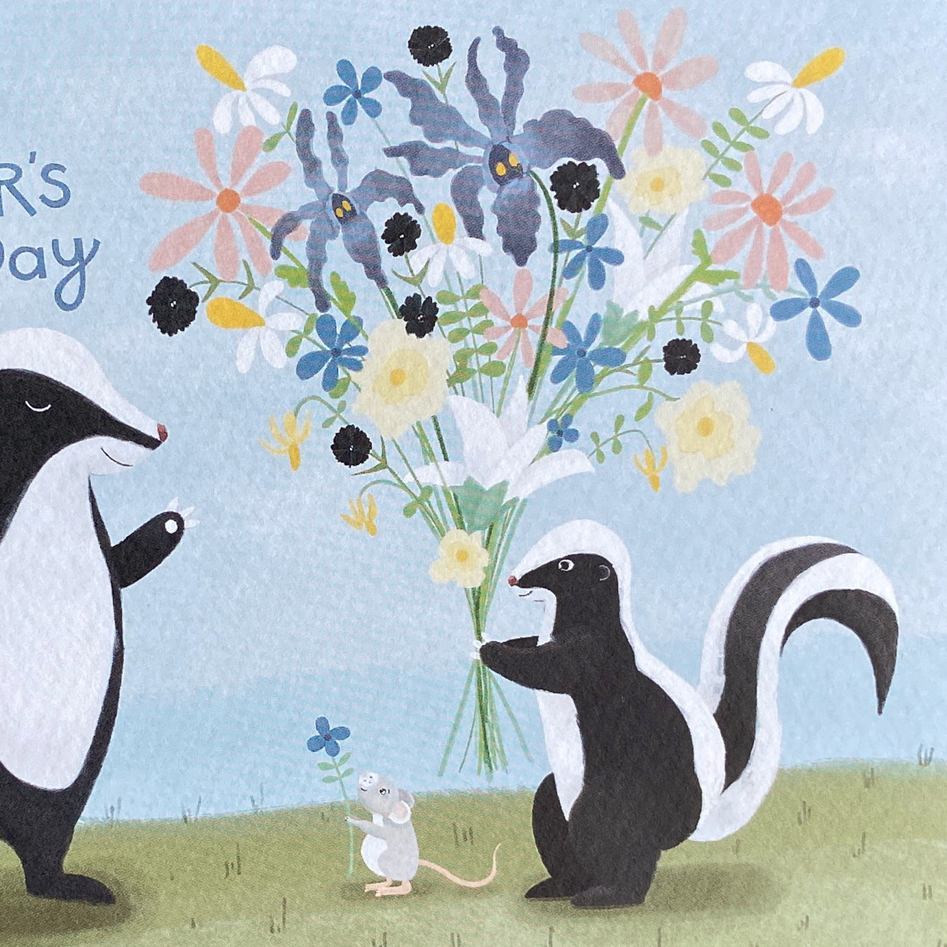 Close up of Mother's Day card illustration of two skunks with a bouquet of flowers and a mouse on a blue background.