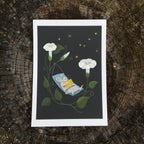 Illustration of a mouse in a hammock between two white moonflowers on a dark background. The mouse has a book on its lap and is watching fireflies.