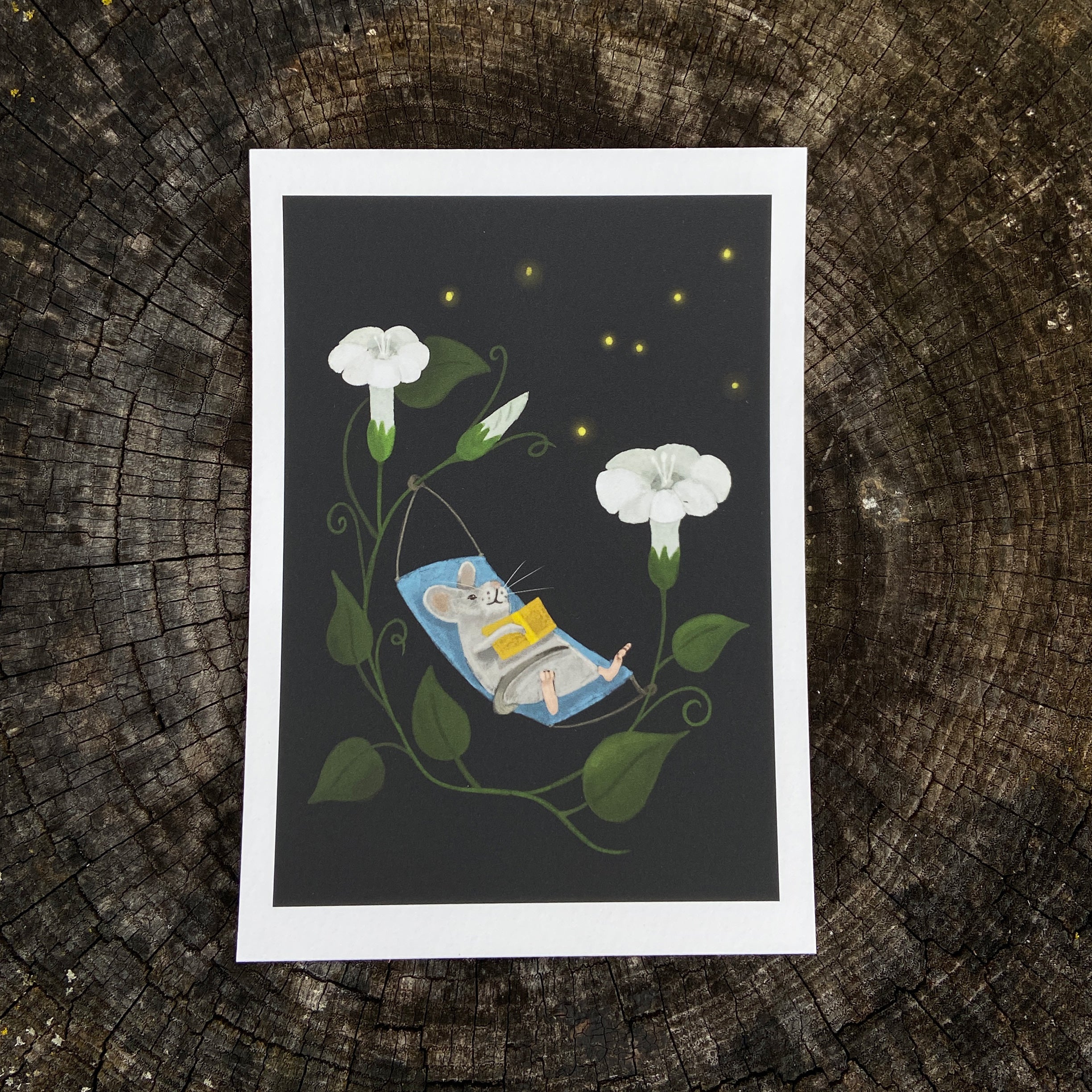 Illustration of a mouse in a hammock between two white moonflowers on a dark background. The mouse has a book on its lap and is watching fireflies.