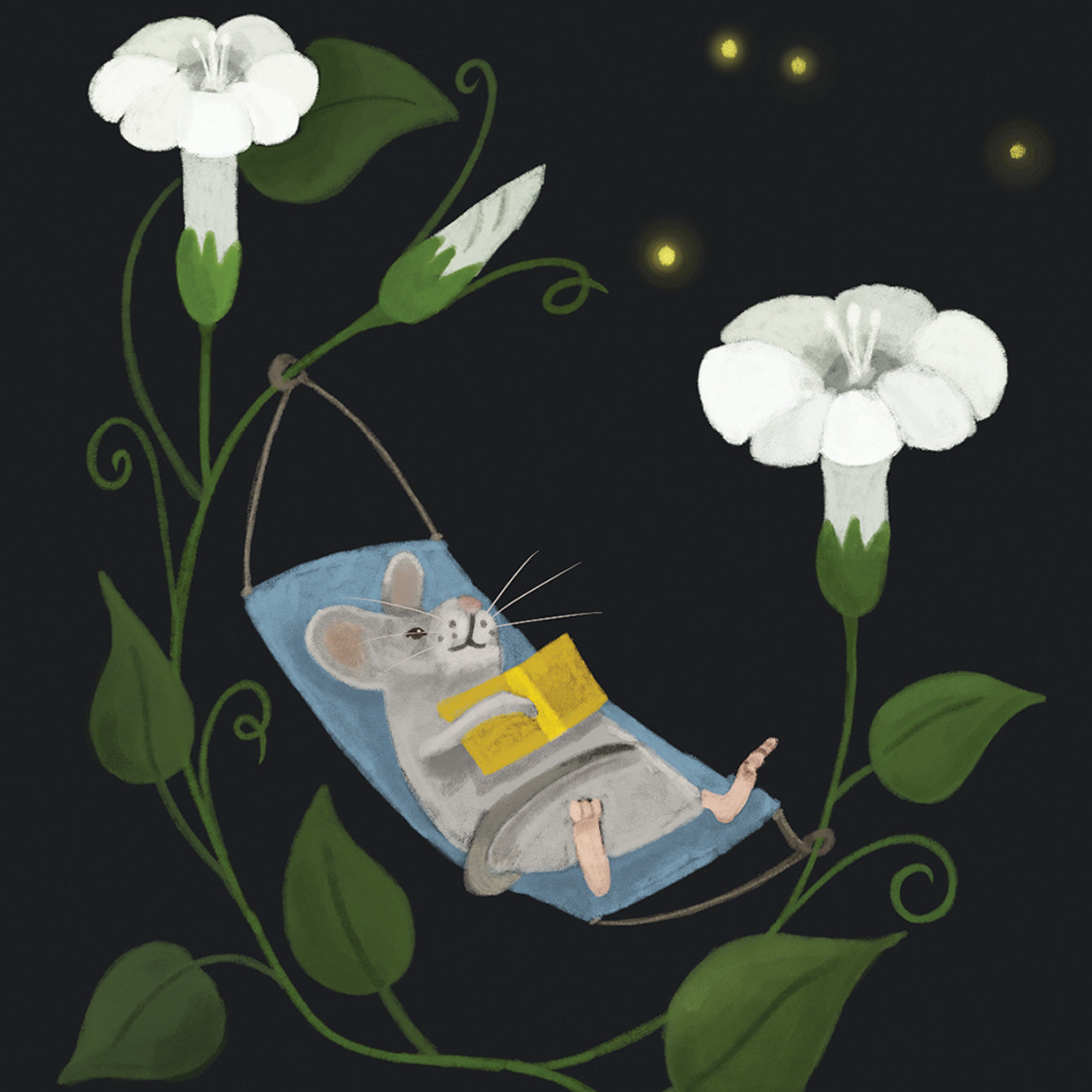 Close up of an illustration of a mouse reading a book in a hammock between flowers at night.