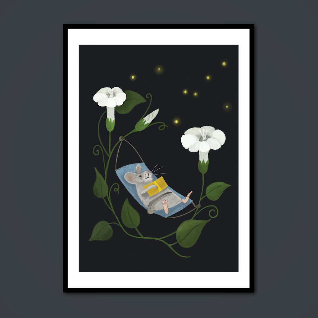 Magical framed artwork of a mouse reading a book in a hammock with white flowers and fireflies in the background.