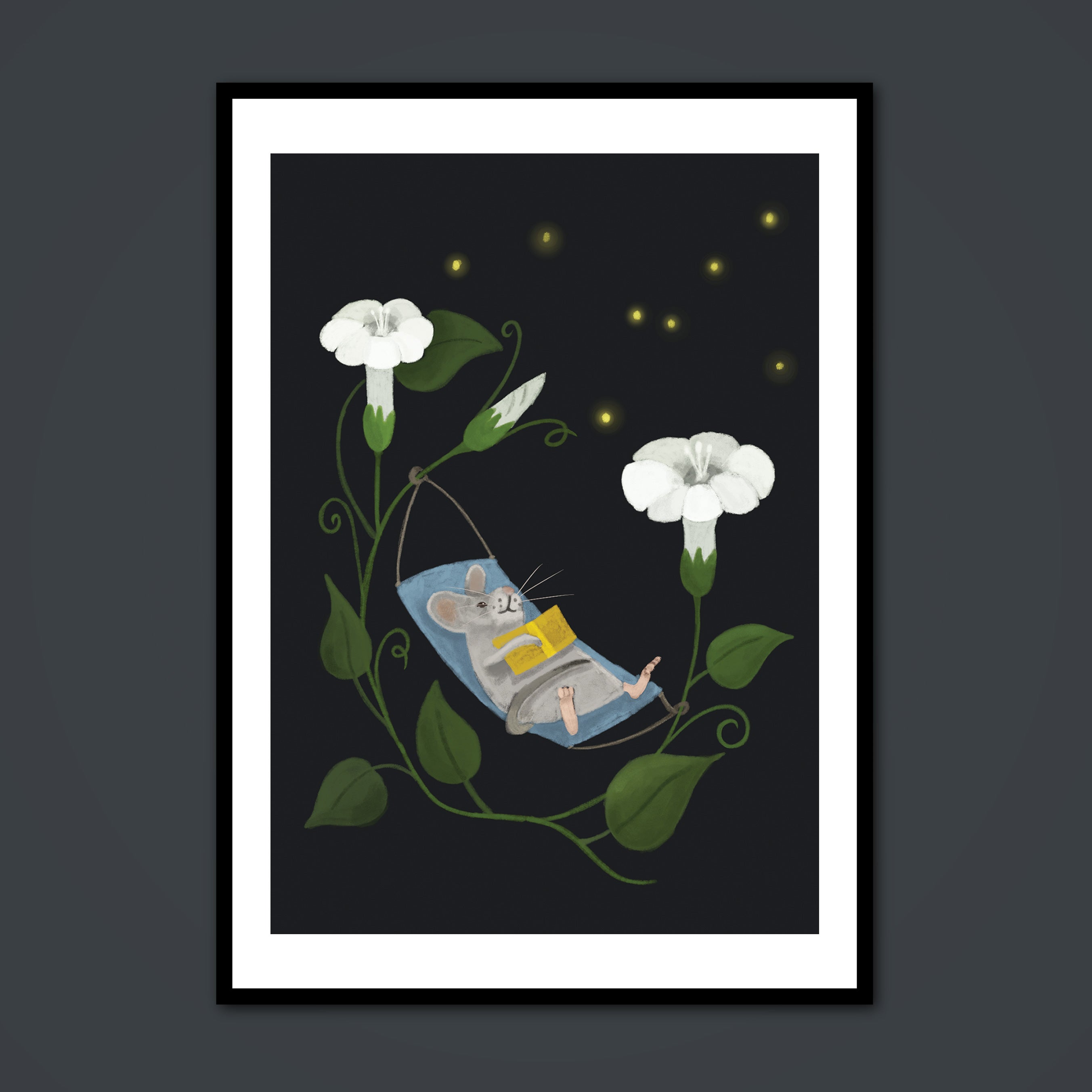 Magical framed artwork of a mouse reading a book in a hammock with white flowers and fireflies in the background.