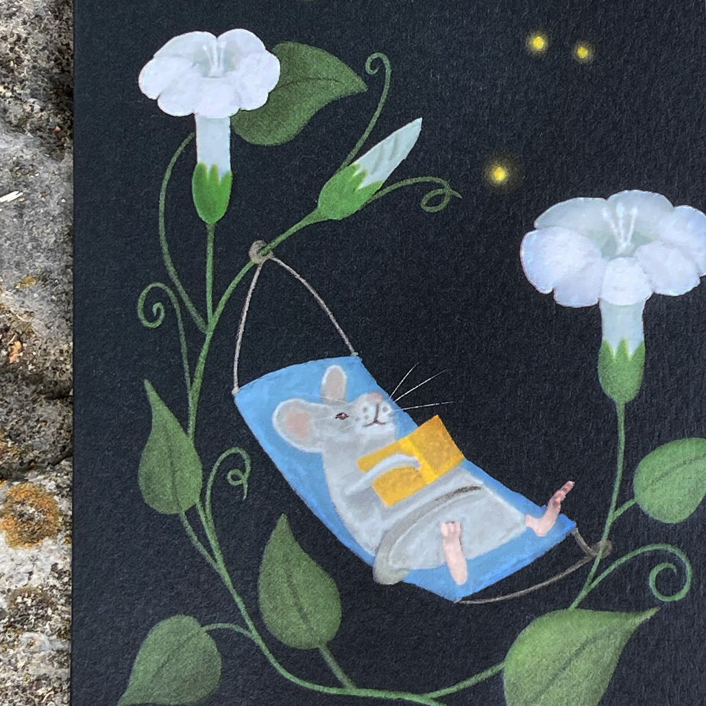 Close up illustration of a greeting card featuring a mouse relaxing in a hammock looking at fireflies surrounded by moonflowers and leaves on a dark background.