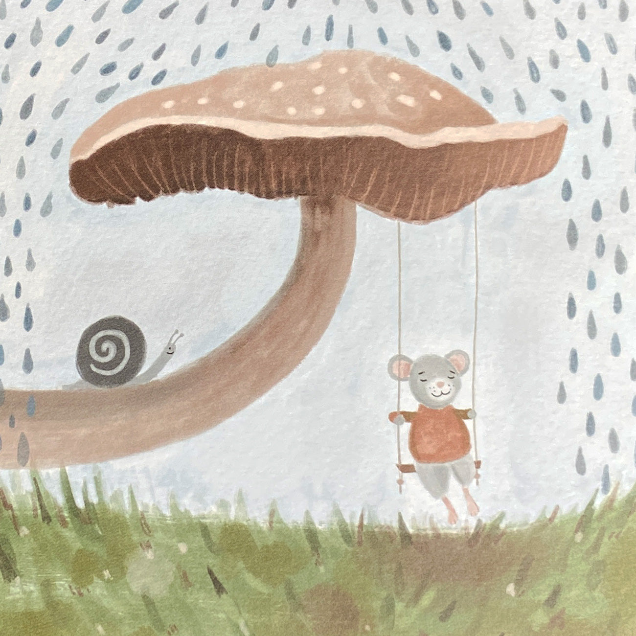 Greeting card illustration of a mouse on a swing under a large mushroom umbrella with raindrops in the background.