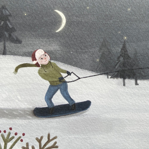 Close up illustration of a greeting card featuring a person snowboarding through a snowy landscape with an owl and crescent moon in the sky.