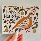 Holiday greeting card with a partridge illustration and 'Happy Holidays' text on a plain background