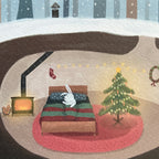 Close up Christmas card illustration of a rabbit's cozy living room with a Christmas tree, fireplace, and stockings.