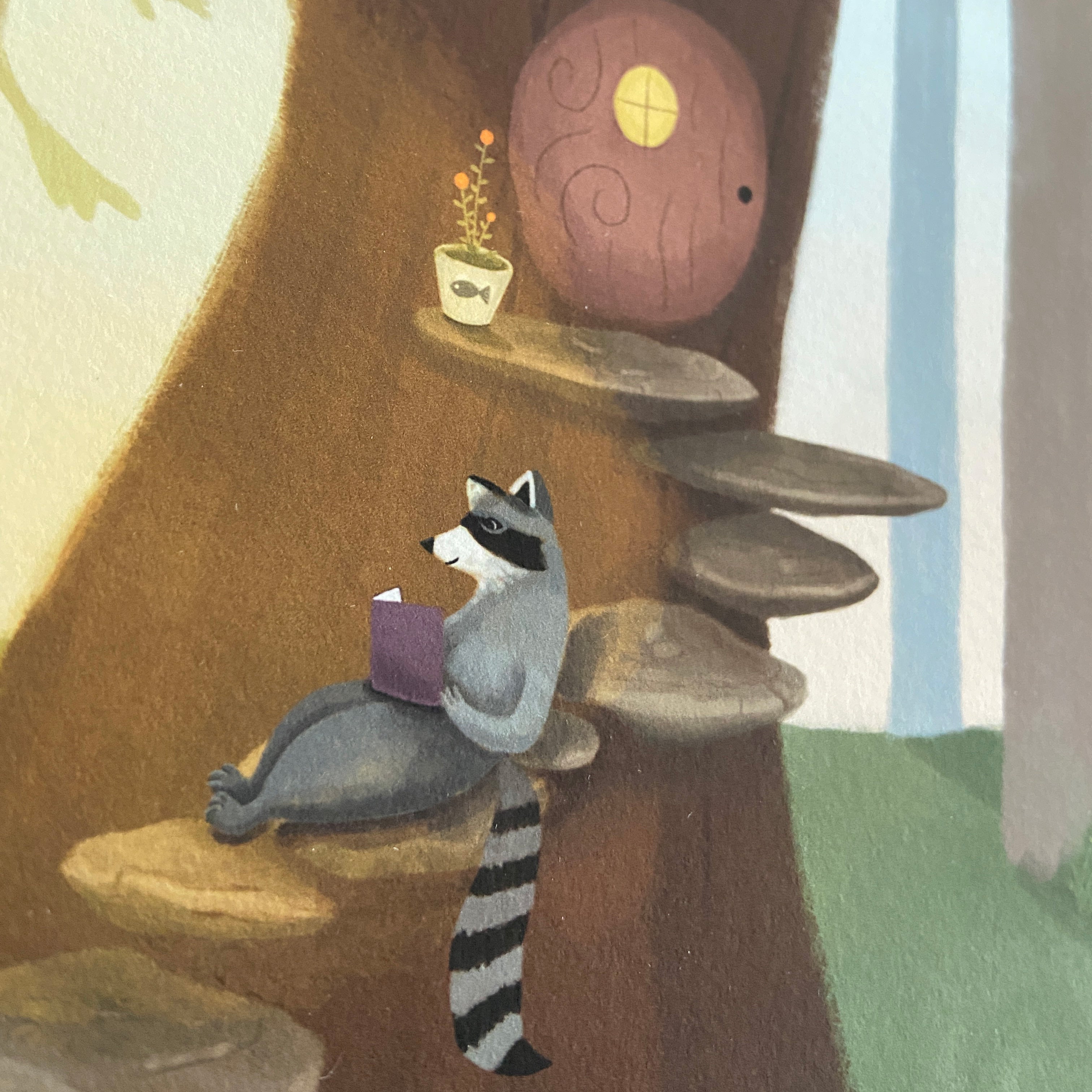 Closeup illustration of a raccoon reading a book in a cozy treehouse in a woodland setting.