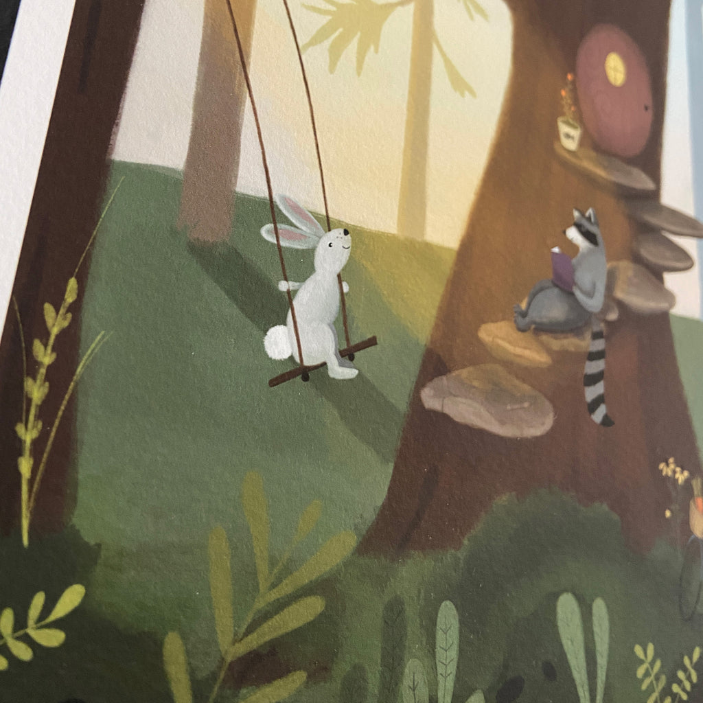 Closeup illustration of a rabbit on a swing and a raccoon reading a book in a forest setting.