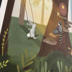 Closeup illustration of a rabbit on a swing and a raccoon reading a book in a forest setting.