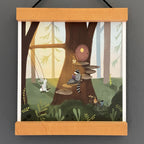 Illustration of woodland animals around a treehouse in a forest setting