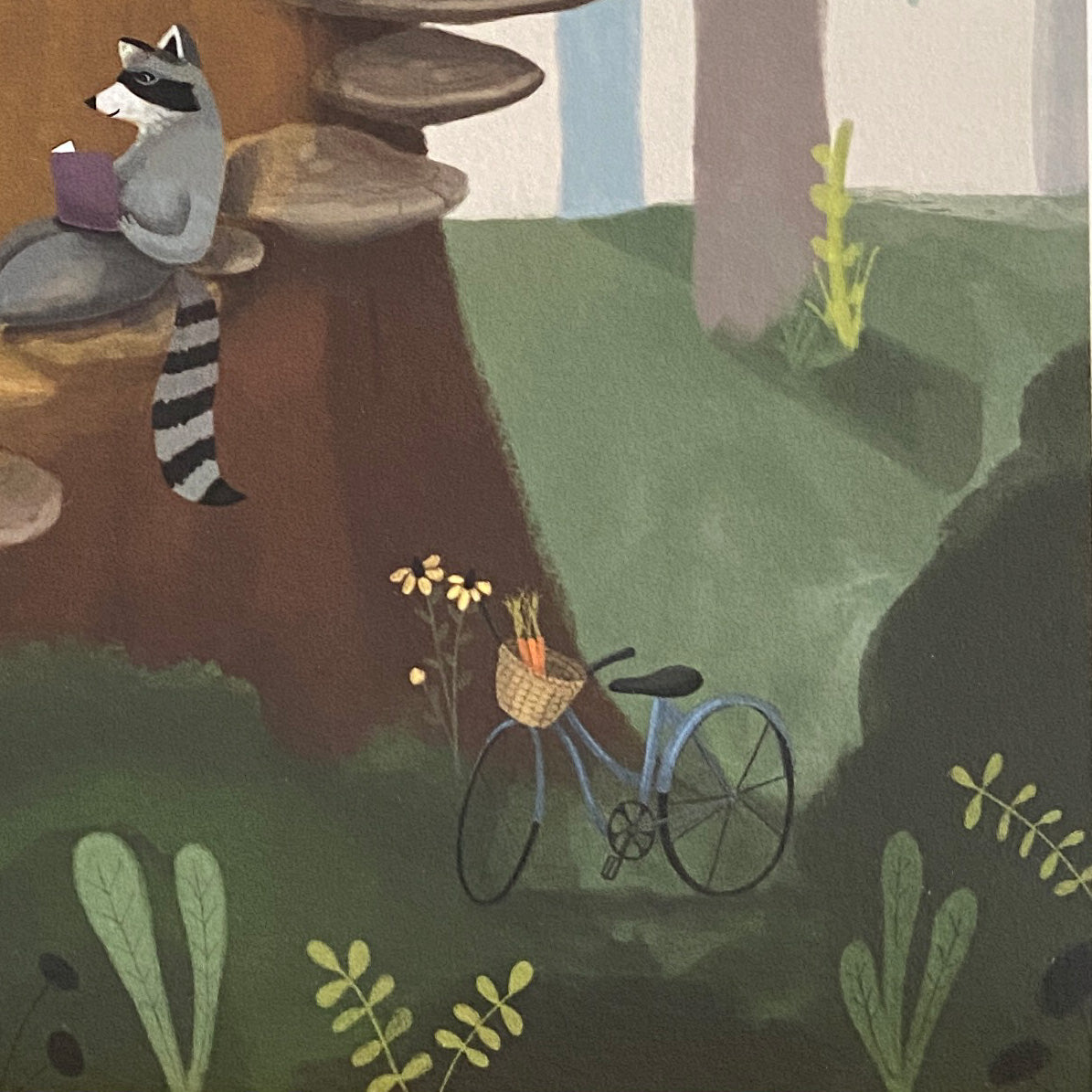 Illustration of a raccoon reading a book on a mushroom with a bicycle in the background.