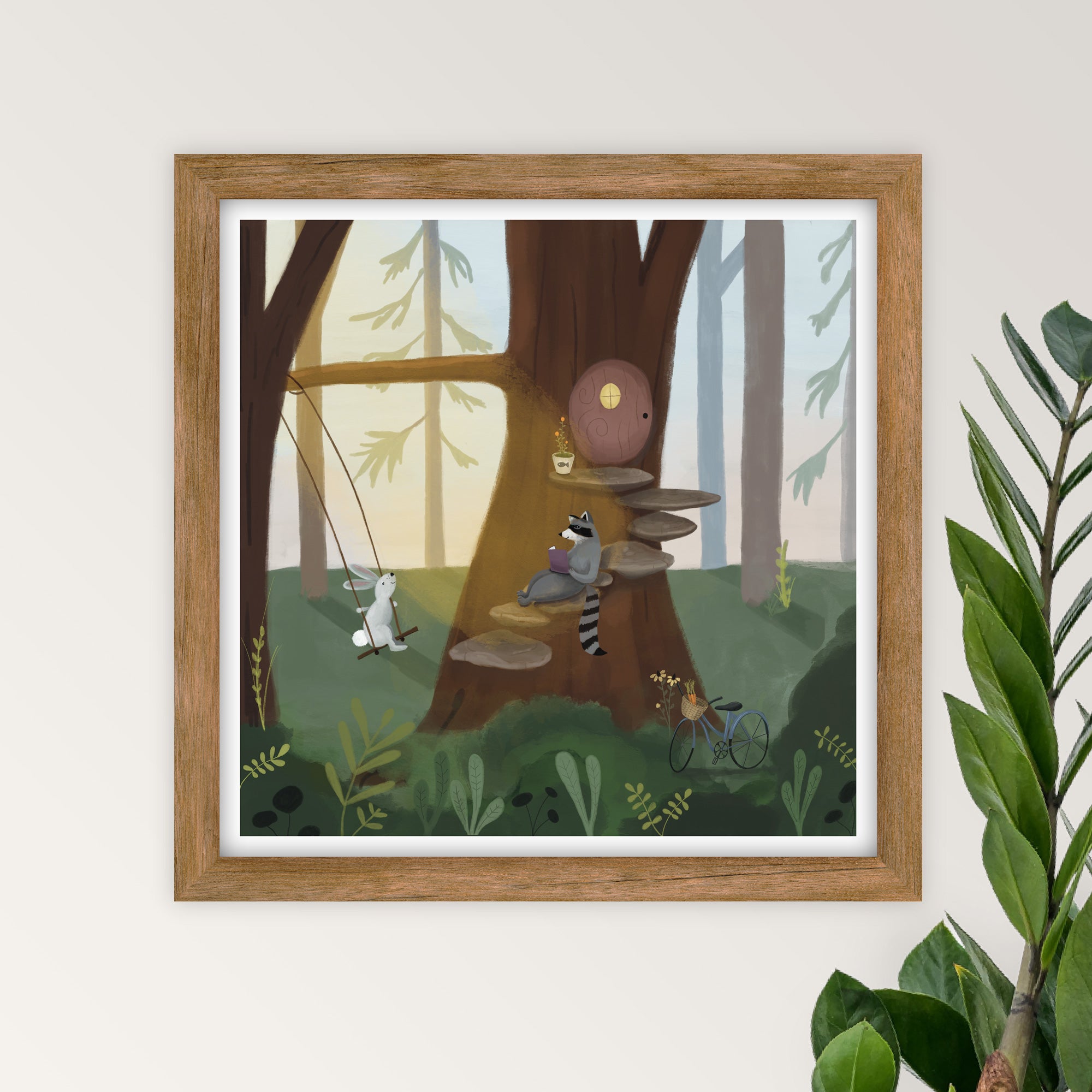 A woodland animals nursery art print featuring a raccoon reading on mushroom steps while a rabbit listens intently while swinging in a forest setting.