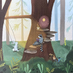 Close up greeting card illustration of a raccoon and rabbit in a forest with a treehouse and bicycle.