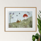 Framed illustration of a child on a snail with a mushroom in a garden setting.