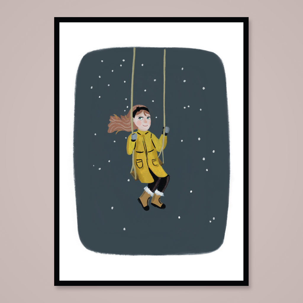 Art print from a painting of a girl in a yellow coat on a swing in the snow.