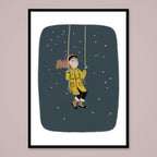 Art print from a painting of a girl in a yellow coat on a swing in the snow.