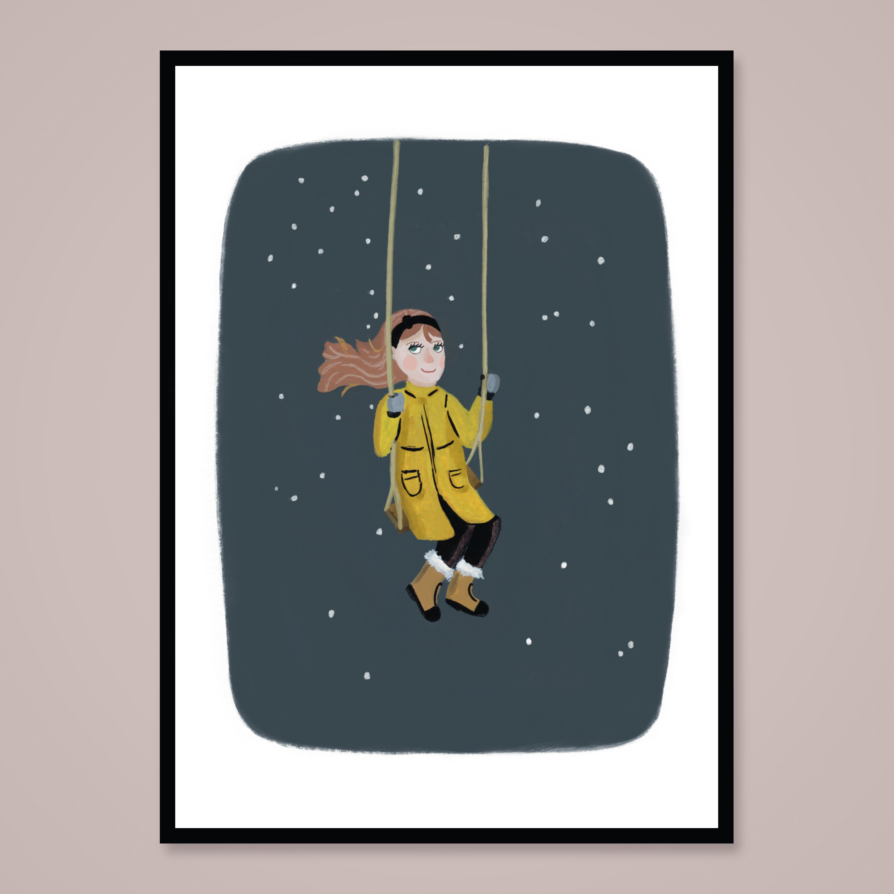 Art print from a painting of a girl in a yellow coat on a swing in the snow.